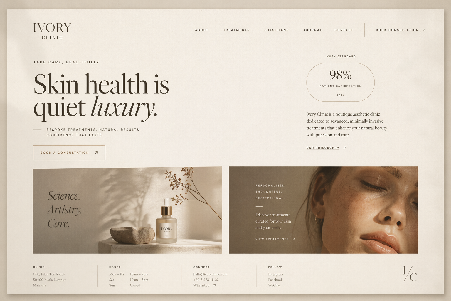 Ivory build direction — warm editorial register for aesthetic clinics