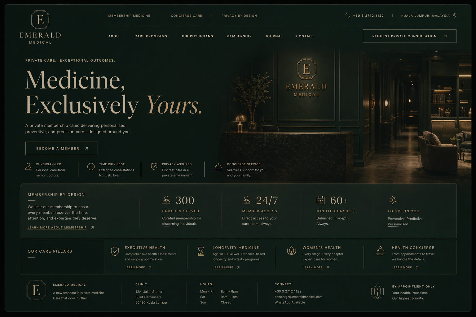 Emerald direction — calm register for allied health